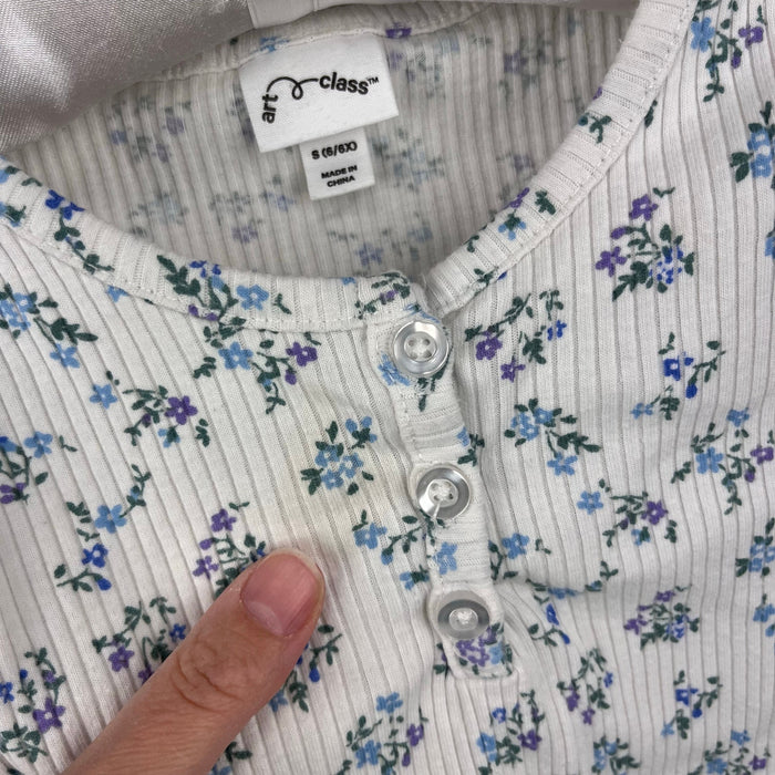 Art Class Short Sleeve Blue White Floral Ribbed T-Shirt S 6-7