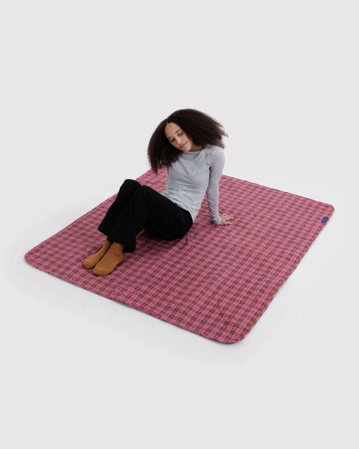 Azalea Pink Tartan Puffy Picnic Blanket | BAGGU | Picnic Blanket