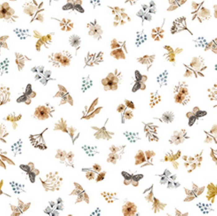 Bear Hugs - 30065 Z  - White Flowers & Insects Toss - Qt Fabrics