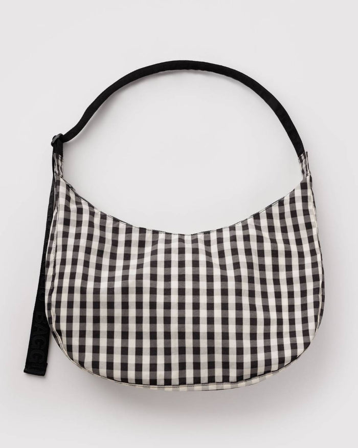 Black and Cream Gingham Large Nylon Crescent Bag | BAGGU | Large Nylon Crescent Bag