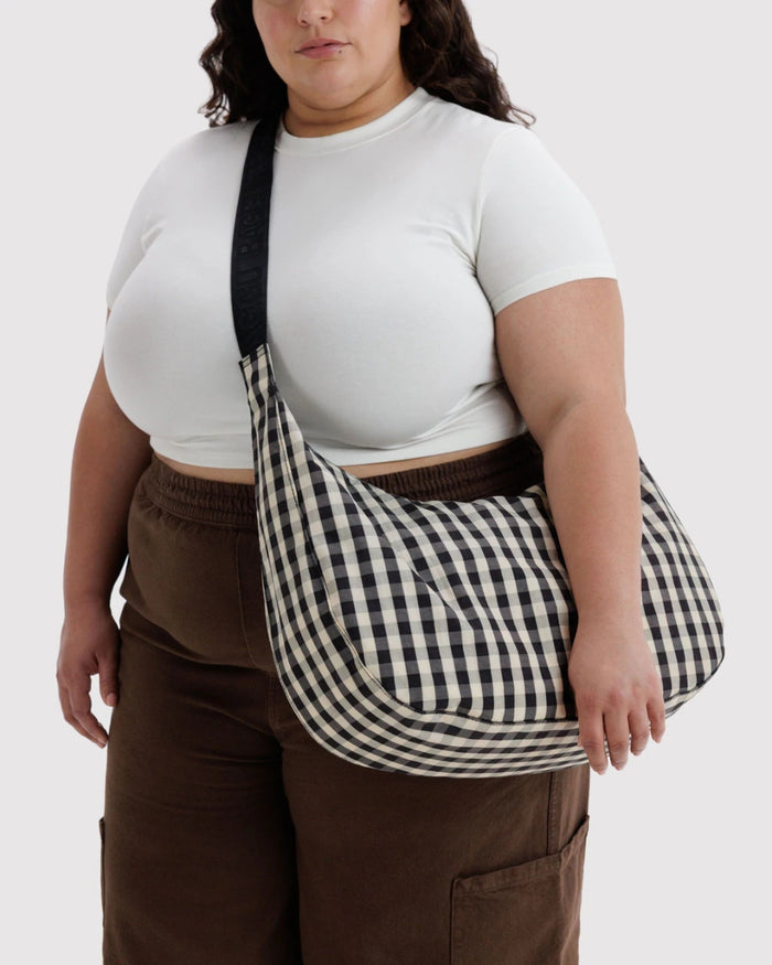 Black and Cream Gingham Large Nylon Crescent Bag | BAGGU | Large Nylon Crescent Bag