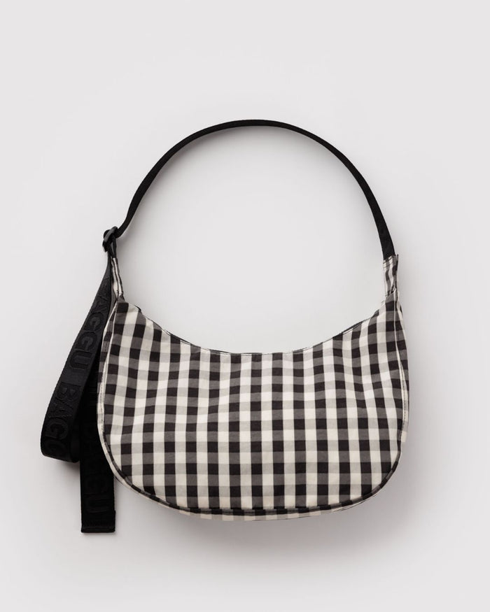 Black and Cream Gingham Medium Nylon Crescent Bag | BAGGU | Medium Nylon Crescent Bag