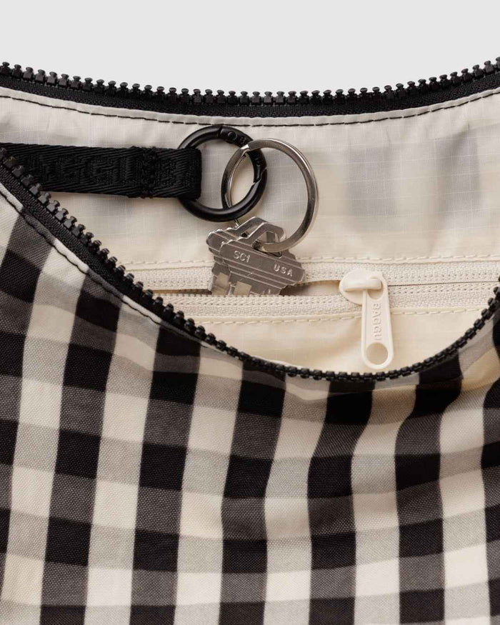 Black and Cream Gingham Medium Nylon Crescent Bag | BAGGU | Medium Nylon Crescent Bag
