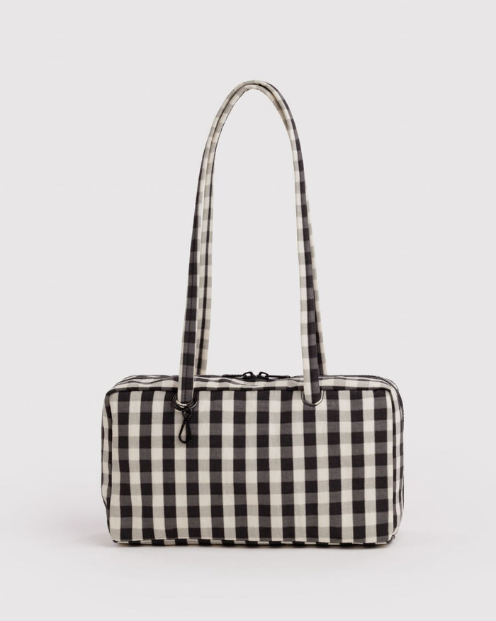 Black and Cream Gingham Nylon Bowler Bag | BAGGU | Nylon Bowler Bag