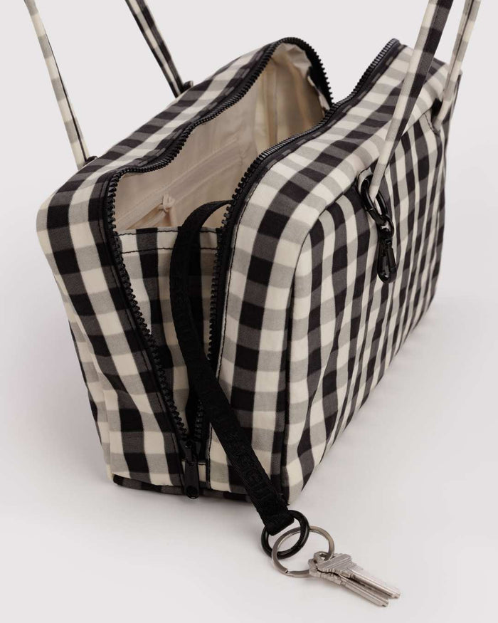 Black and Cream Gingham Nylon Bowler Bag | BAGGU | Nylon Bowler Bag