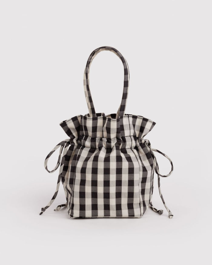 Black and Cream Gingham Nylon Drawstring Bag | BAGGU | Nylon Drawstring Bag