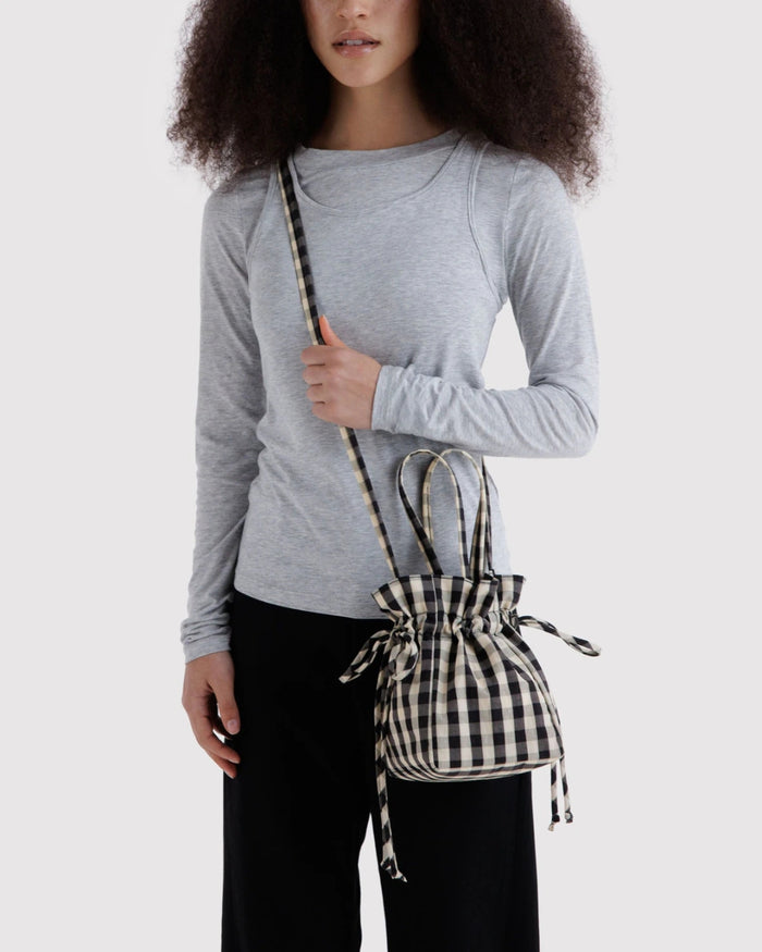 Black and Cream Gingham Nylon Drawstring Bag | BAGGU | Nylon Drawstring Bag
