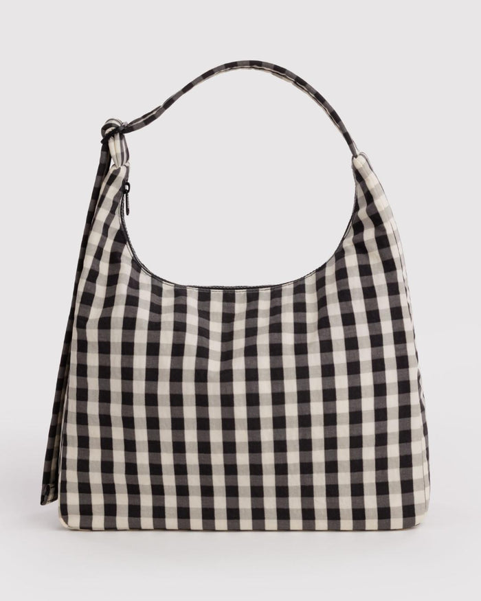 Black and Cream Gingham Nylon Shoulder Bag | BAGGU | Nylon Shoulder Bag