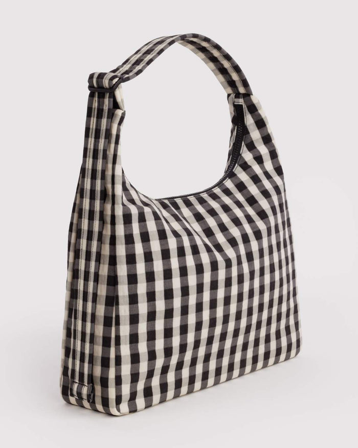 Black and Cream Gingham Nylon Shoulder Bag | BAGGU | Nylon Shoulder Bag