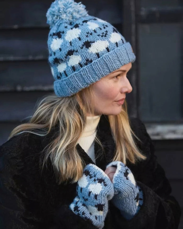 Blue Merino Sheep Roll Back Bobble Beanie Pachamama