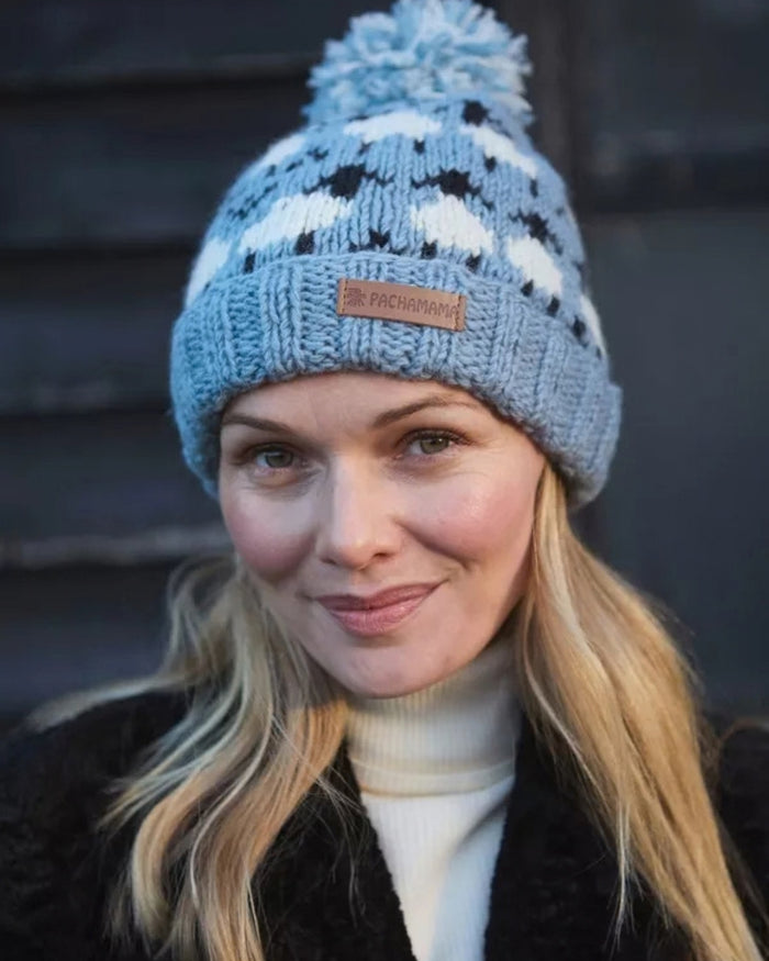 Blue Merino Sheep Roll Back Bobble Beanie Pachamama