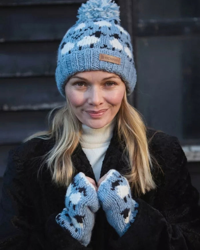 Blue Merino Sheep Roll Back Bobble Beanie Pachamama