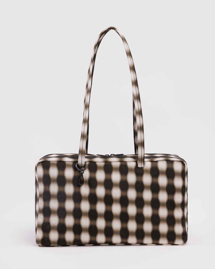 Blurred Gingham Brown Medium Nylon Bowler Bag | BAGGU | Medium Nylon Bowler Bag