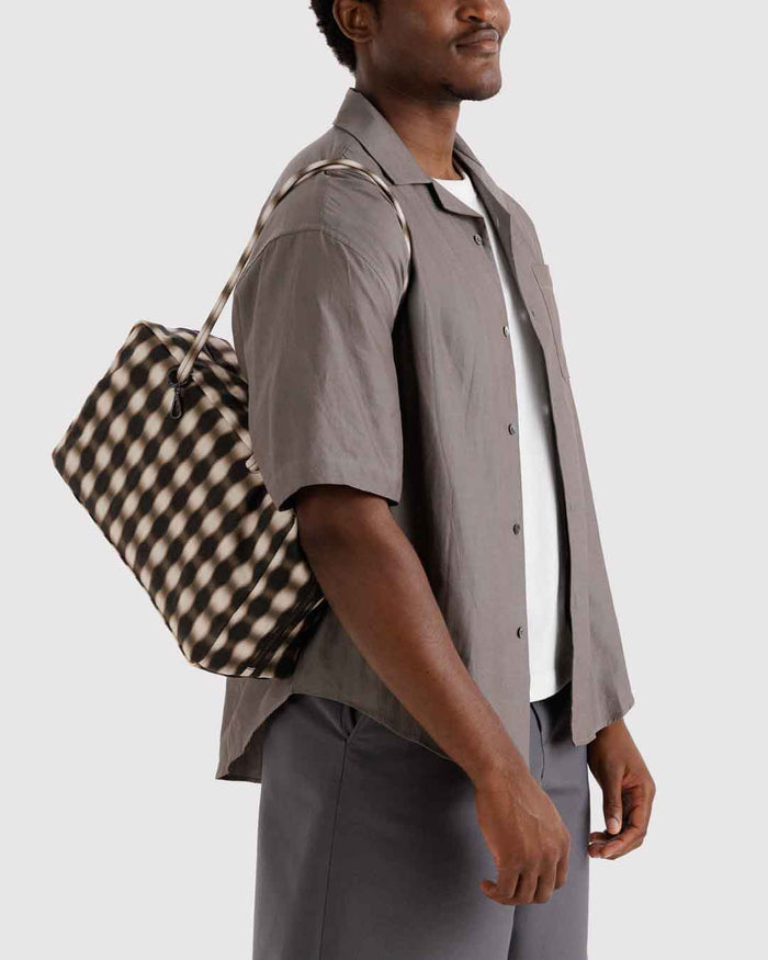 Blurred Gingham Brown Medium Nylon Bowler Bag | BAGGU | Medium Nylon Bowler Bag
