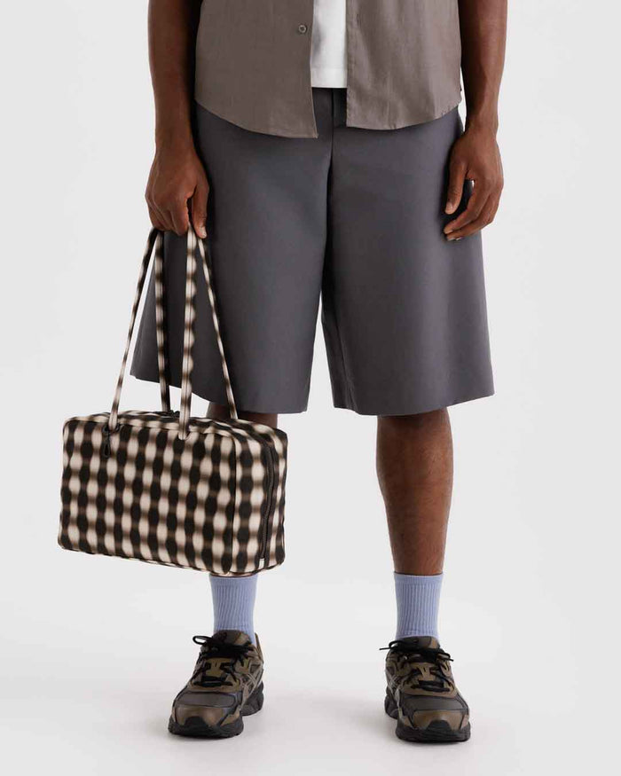 Blurred Gingham Brown Medium Nylon Bowler Bag | BAGGU | Medium Nylon Bowler Bag
