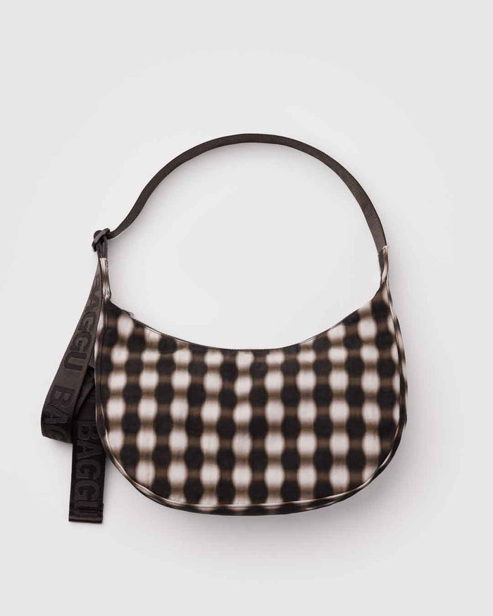 Blurred Gingham Brown Medium Nylon Crescent Bag | BAGGU | Medium Nylon Crescent Bag