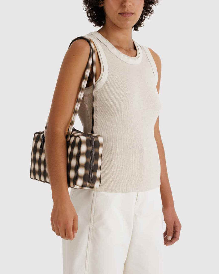 Blurred Gingham Brown Nylon Bowler Bag | BAGGU | Nylon Bowler Bag