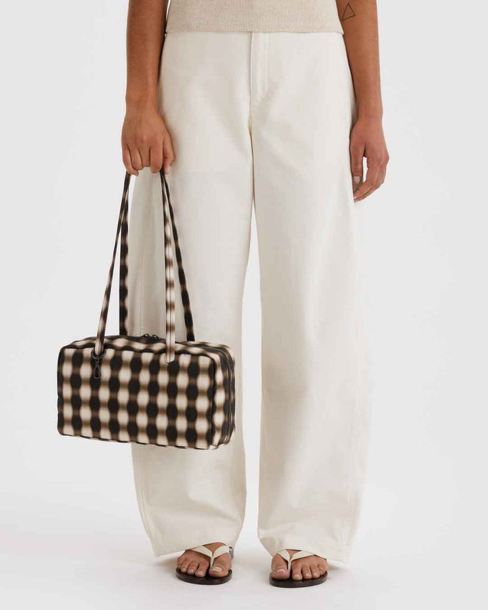 Blurred Gingham Brown Nylon Bowler Bag | BAGGU | Nylon Bowler Bag