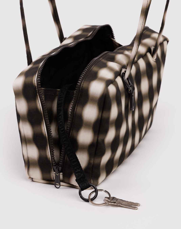 Blurred Gingham Brown Nylon Bowler Bag | BAGGU | Nylon Bowler Bag