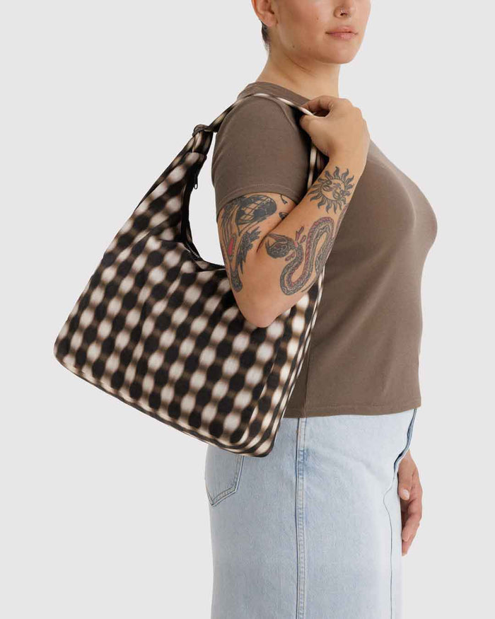 Blurred Gingham Brown Nylon Shoulder Bag | BAGGU | Nylon Shoulder Bag