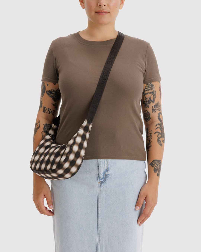 Blurred Gingham Brown Small Nylon Crescent Bag | BAGGU | Small Nylon Crescent Bag