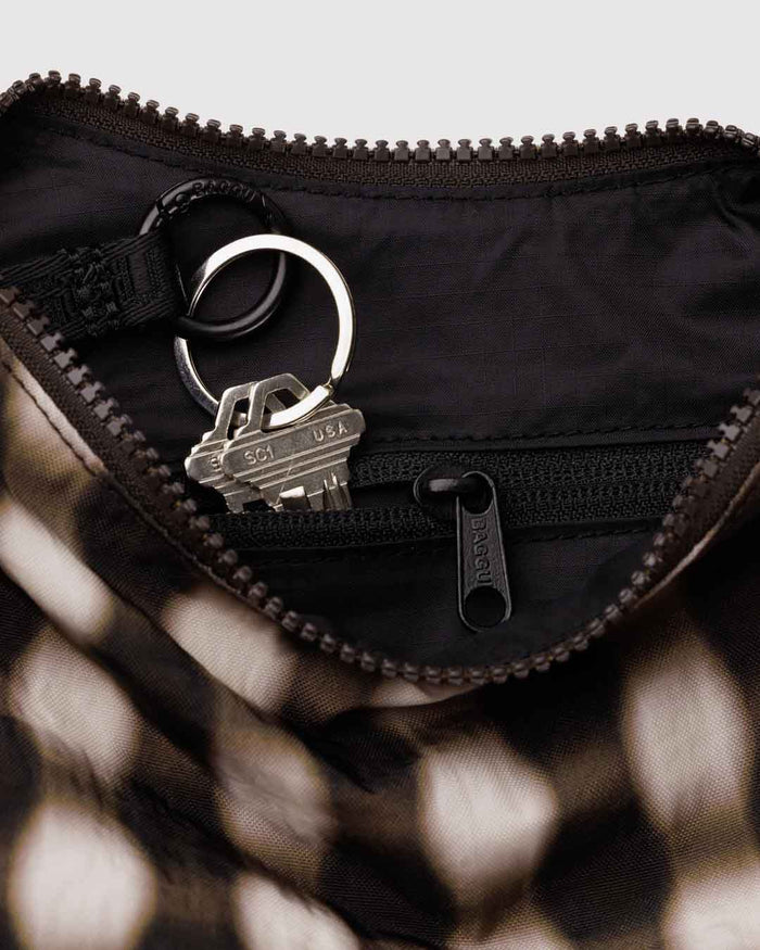 Blurred Gingham Brown Small Nylon Crescent Bag | BAGGU | Small Nylon Crescent Bag