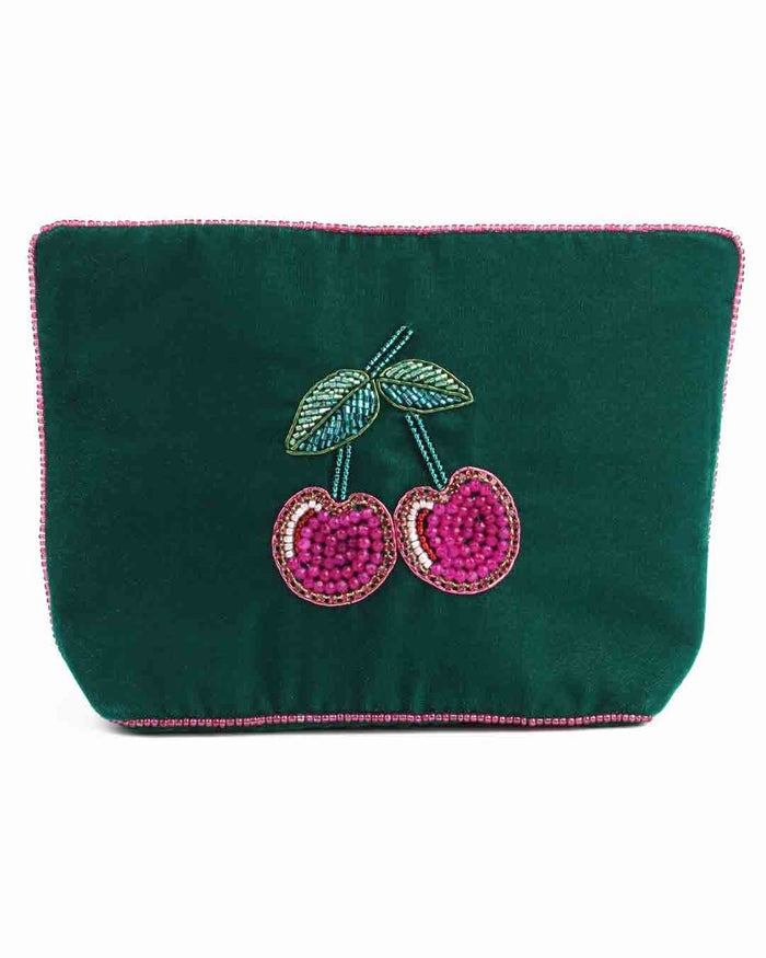 Cherry Green Velvet Medium Pouch