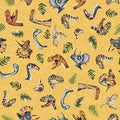 Dinoroars! -  0 30812S Gold-  Dino Heads & Ferns- Qt Fabrics
