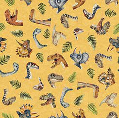 Dinoroars! -  0 30812S Gold-  Dino Heads & Ferns- Qt Fabrics