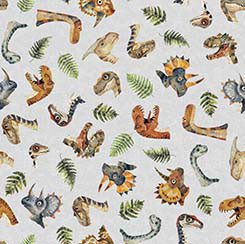 Dinoroars! - 30812K - Grey - Dino Heads & Ferns- Qt Fabrics