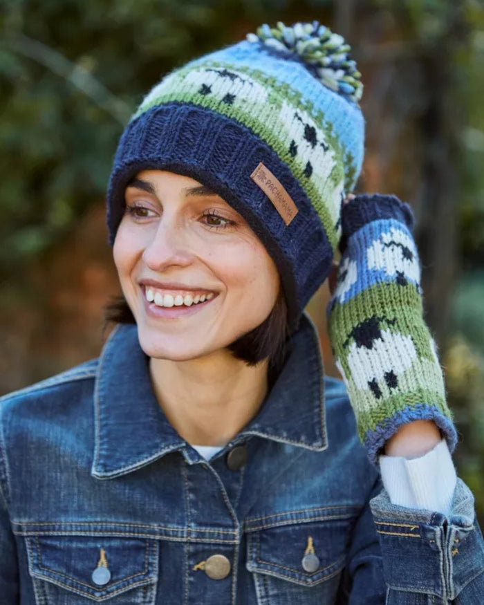 Flock of Sheep Roll Back Bobble Beanie Pachamama