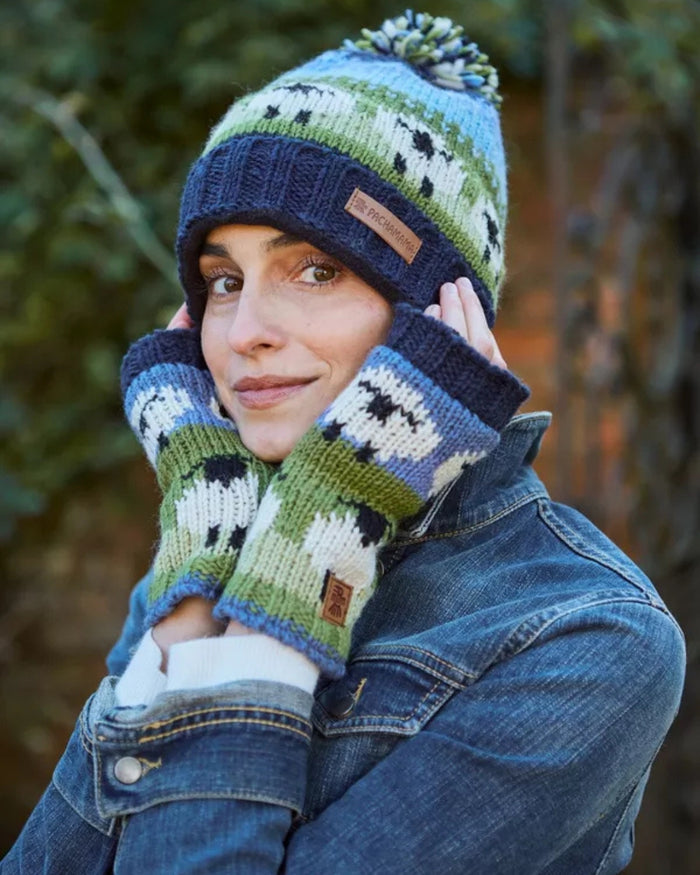 Flock of Sheep Roll Back Bobble Beanie Pachamama