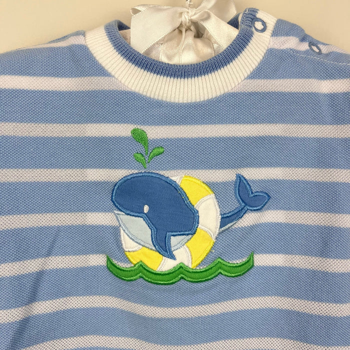 Florence Eiseman Blue Stripe Knit Shortall Romper Whale 6 Months