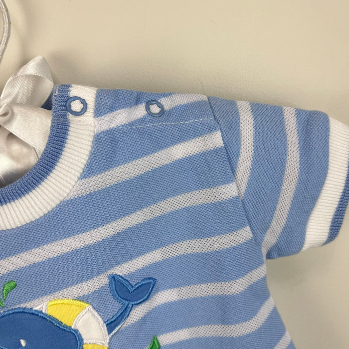 Florence Eiseman Blue Stripe Knit Shortall Romper Whale 6 Months