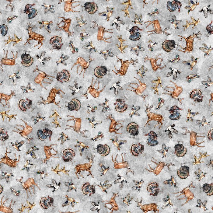 Forest Field and Stream - 31408-K - Gray Wildlife Toss - QT Fabrics