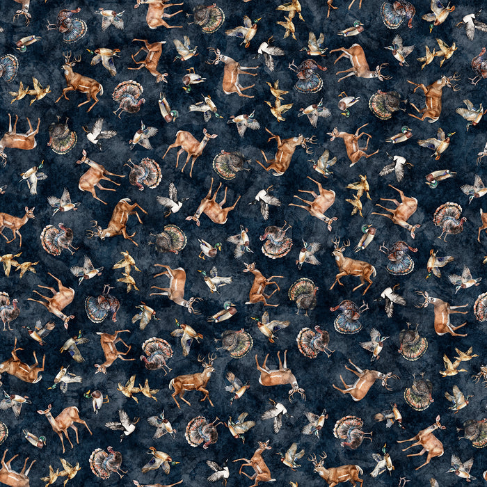 Forest Field and Stream - 31408-N - Blue Wildlife Toss - QT Fabrics
