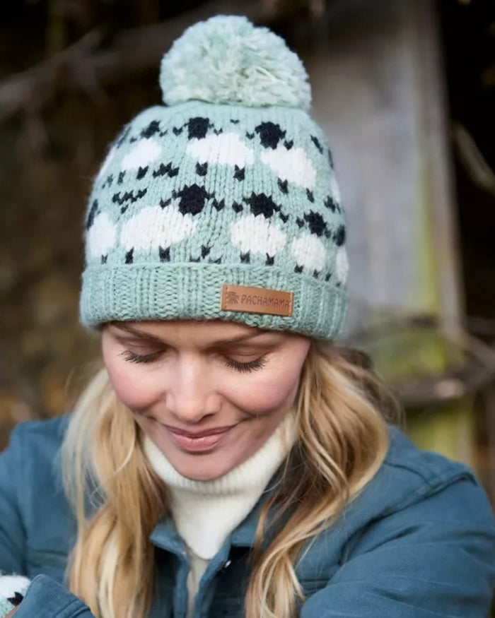 Green Merino Sheep Roll Back Bobble Beanie Pachamama
