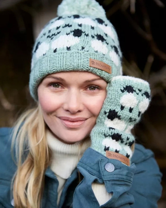 Green Merino Sheep Roll Back Bobble Beanie Pachamama