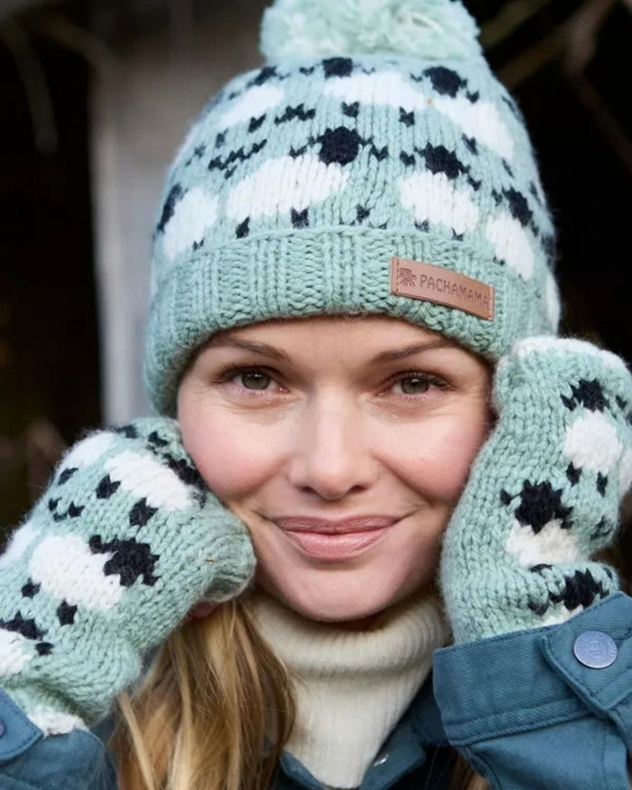 Green Merino Sheep Roll Back Bobble Beanie Pachamama