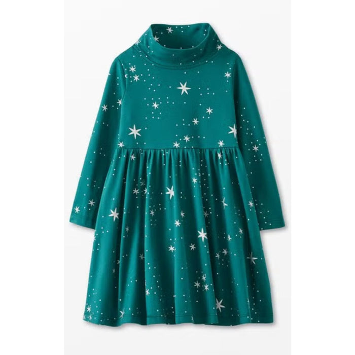Hanna Andersson Long Sleeve Green Star Dress Silver Stardust on Everglade 120 cm 6-7