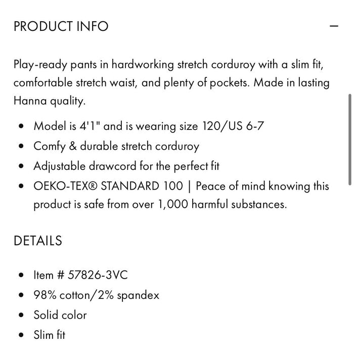Hanna Andersson Pull-On Slim Corduroy Pants Navy 90 cm 3T