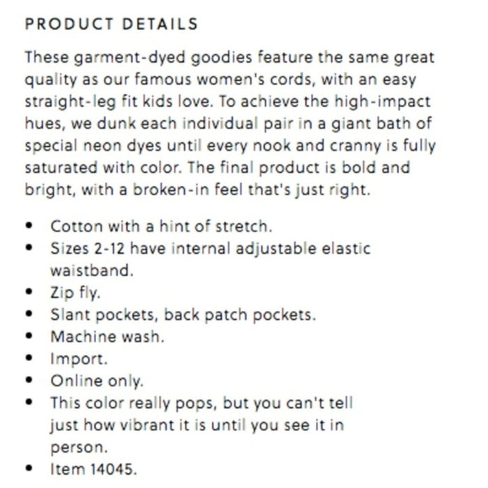 J. Crew Girls Pink Garment-Dyed Riley Cord