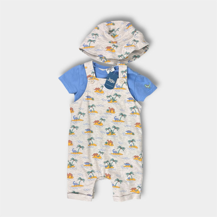 JoJo Maman 3 Piece Dino Dungarees & T-Shirt Set with Hat Natural 12-18 Months NWT