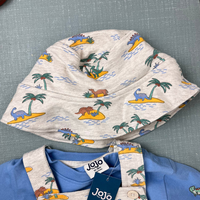 JoJo Maman 3 Piece Dino Dungarees & T-Shirt Set with Hat Natural 12-18 Months NWT