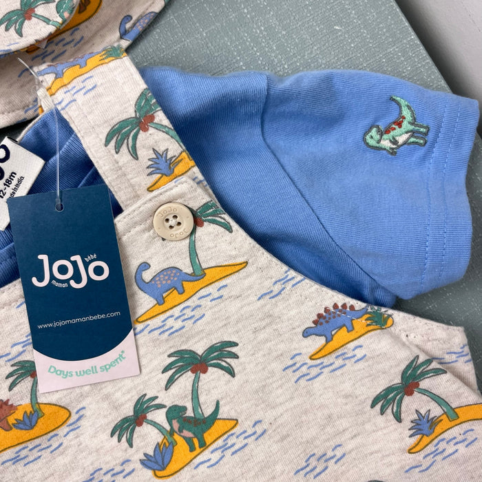 JoJo Maman 3 Piece Dino Dungarees & T-Shirt Set with Hat Natural 12-18 Months NWT