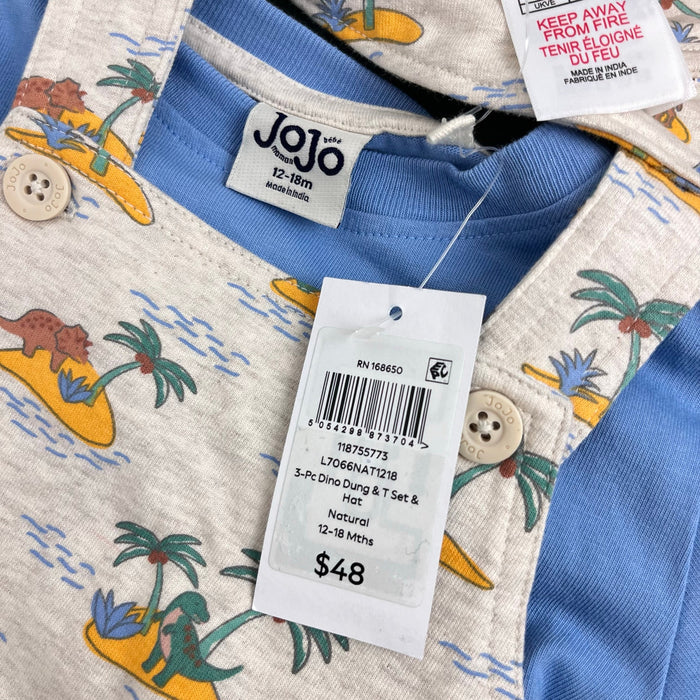 JoJo Maman 3 Piece Dino Dungarees & T-Shirt Set with Hat Natural 12-18 Months NWT