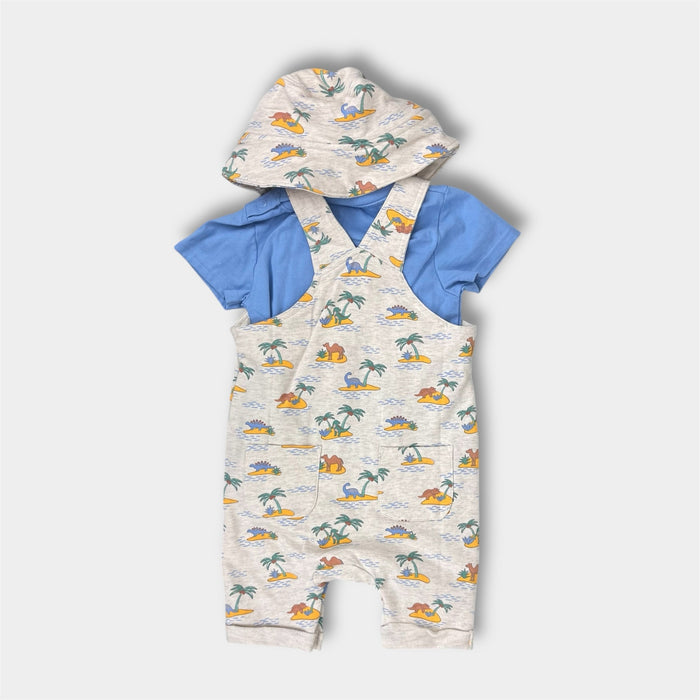 JoJo Maman 3 Piece Dino Dungarees & T-Shirt Set with Hat Natural 12-18 Months NWT