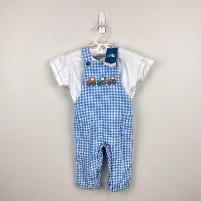 JoJo Maman Bebe Blue 2-Piece Tractor Gingham Dungarees & T-Shirt Set 3-6 Months NWT