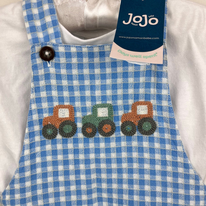 JoJo Maman Bebe Blue 2-Piece Tractor Gingham Dungarees & T-Shirt Set 3-6 Months NWT