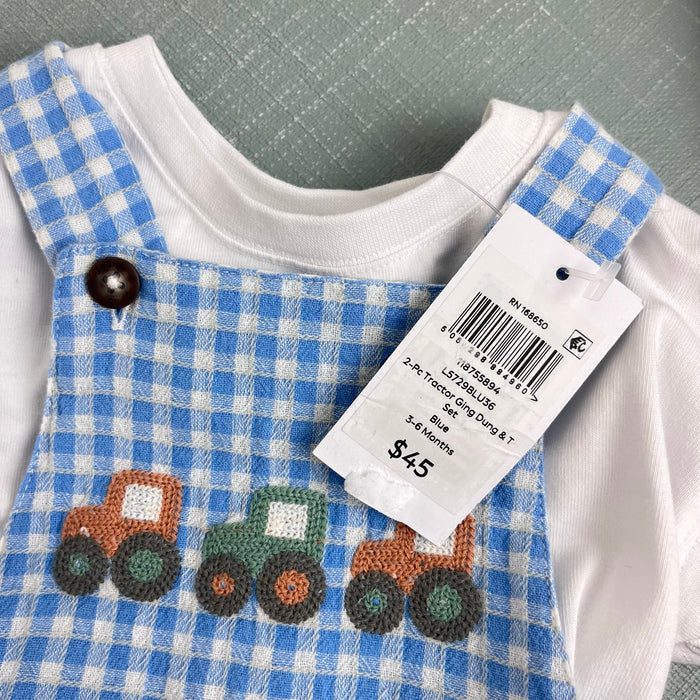 JoJo Maman Bebe Blue 2-Piece Tractor Gingham Dungarees & T-Shirt Set 3-6 Months NWT